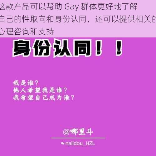 这款产品可以帮助 Gay 群体更好地了解自己的性取向和身份认同，还可以提供相关的心理咨询和支持