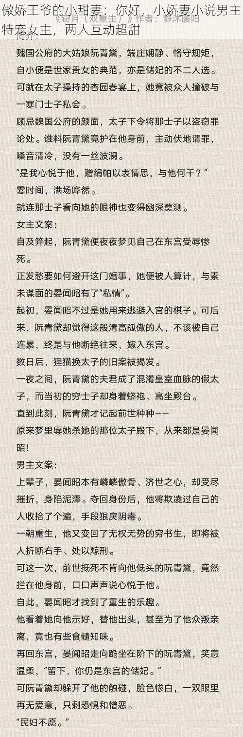 傲娇王爷的小甜妻：你好，小娇妻小说男主特宠女主，两人互动超甜